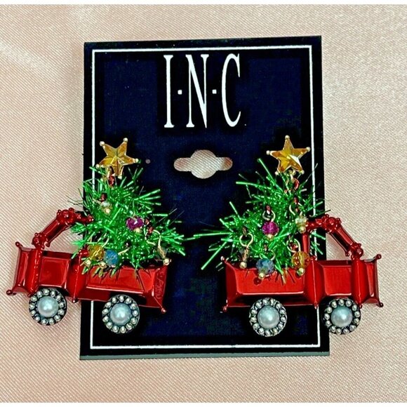 INC International Concepts Festive Red Pick-Up Truck Xmas Tree Stud Earrings - Picture 1 of 3